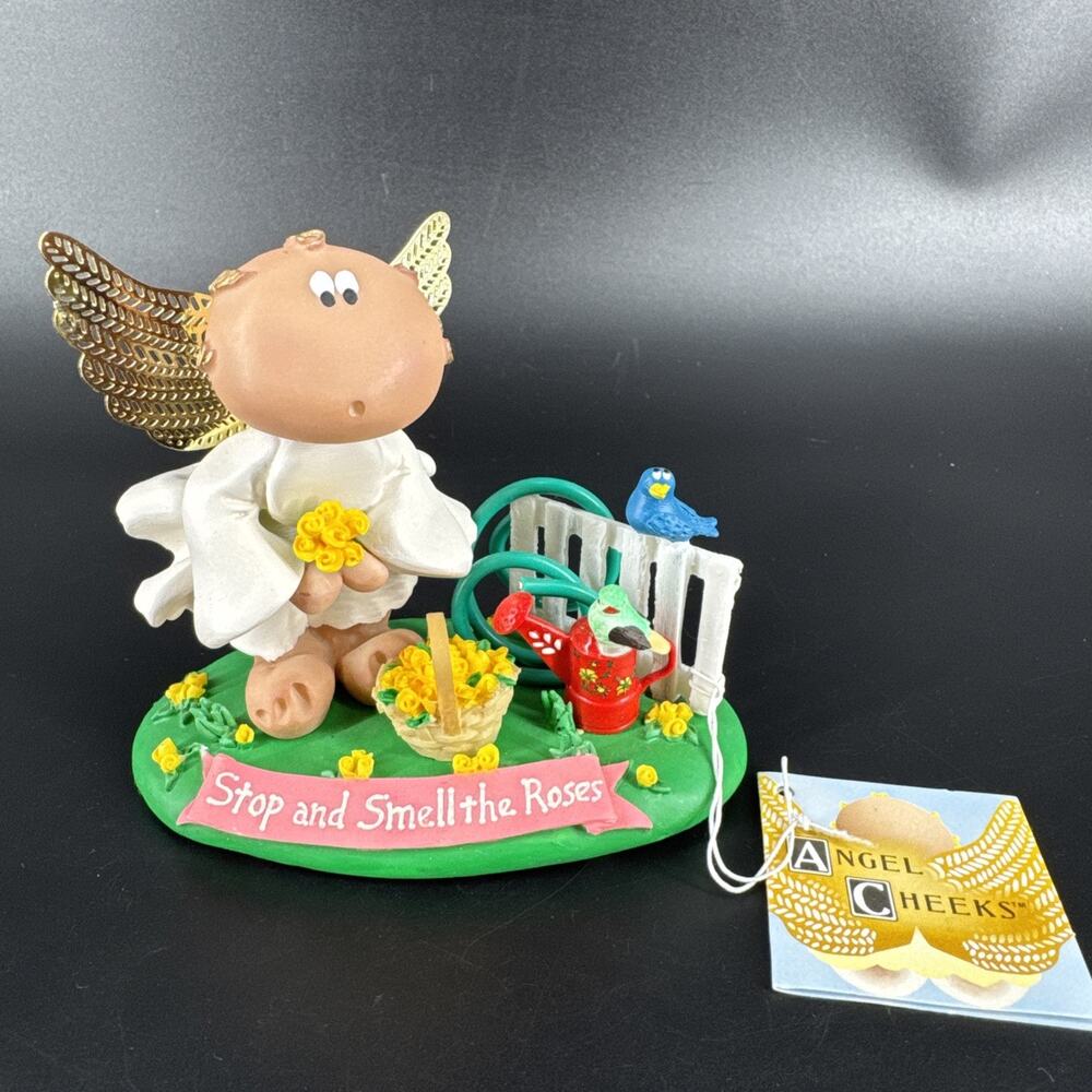 Vtg Angel Cheeks Figurine Stop and Smell the Roses Kirk's Kritters Flowers Birds